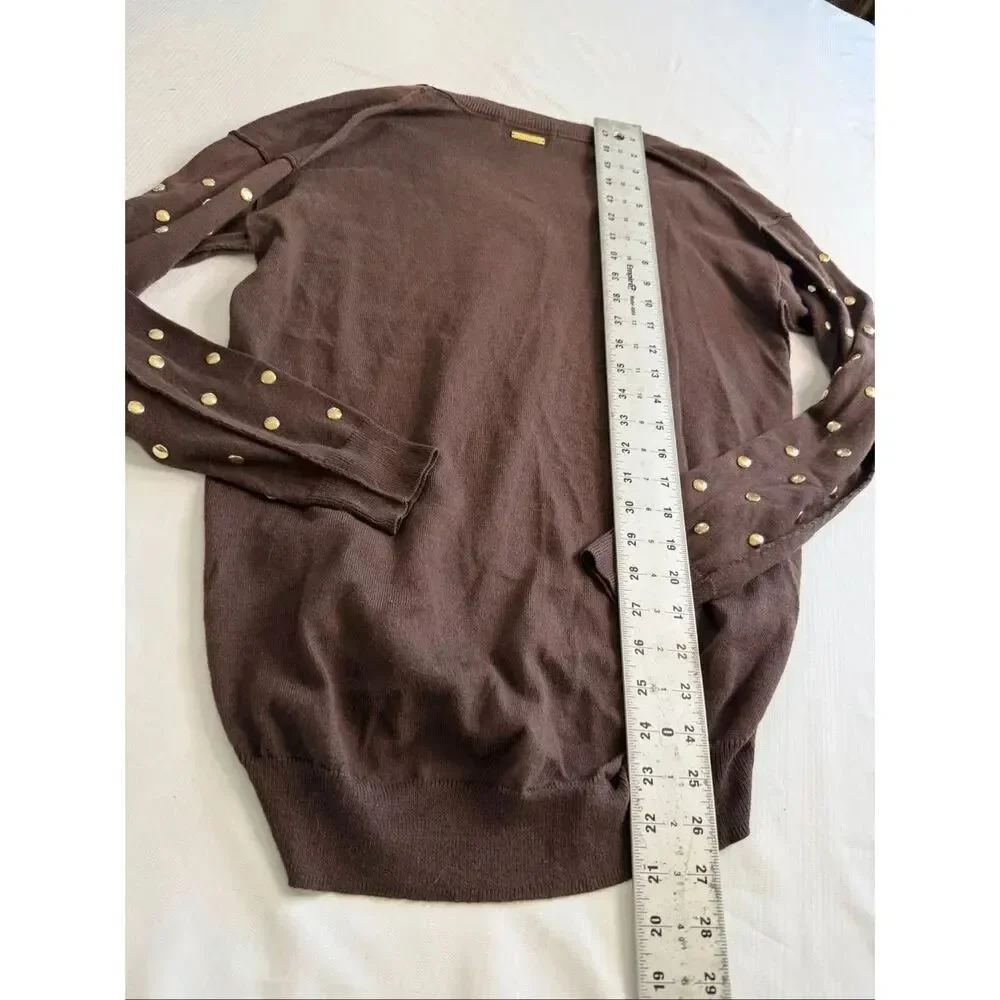 Michael Kors Chocolate Brown Gold Studded V Neck Sweater Size Small